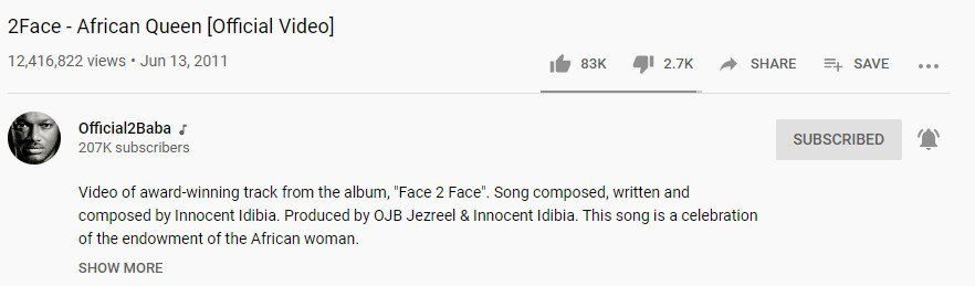 2face African Queen Youtube views